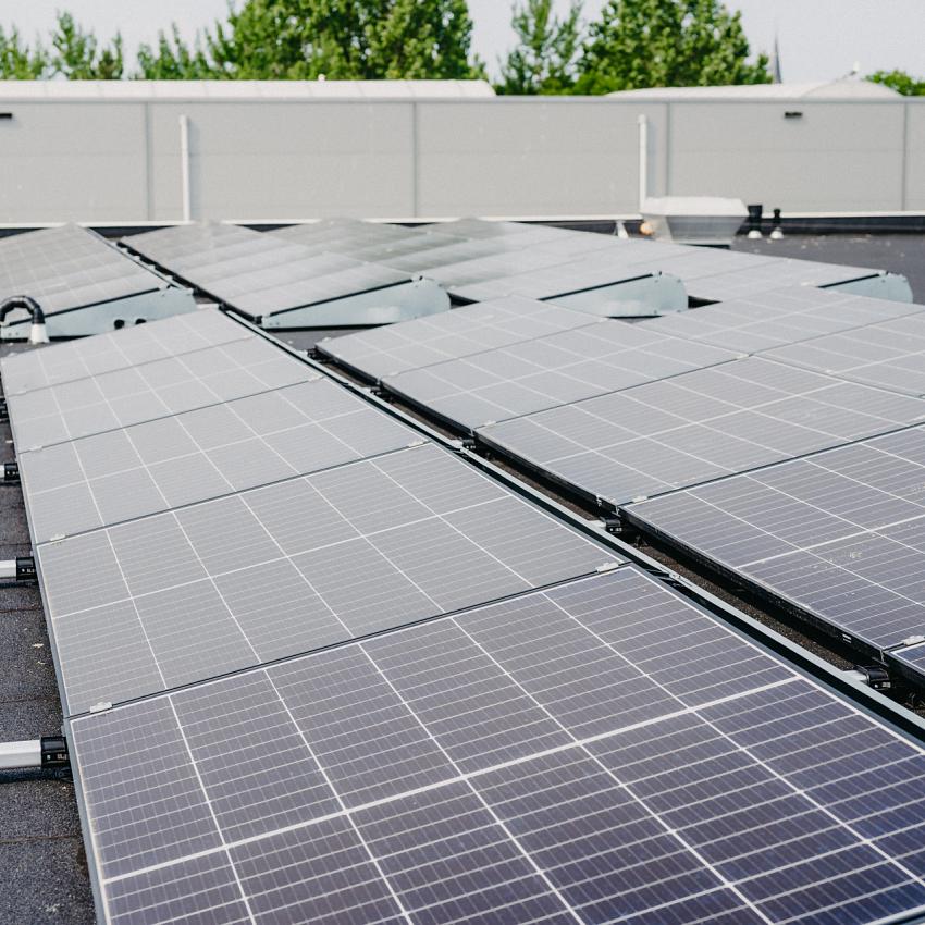 Zonnepanelen op een plat dak, opgesteld in rijen met metalen beugels, met zicht op omliggende groene bomen en een ventilatieschacht op de achtergrond.