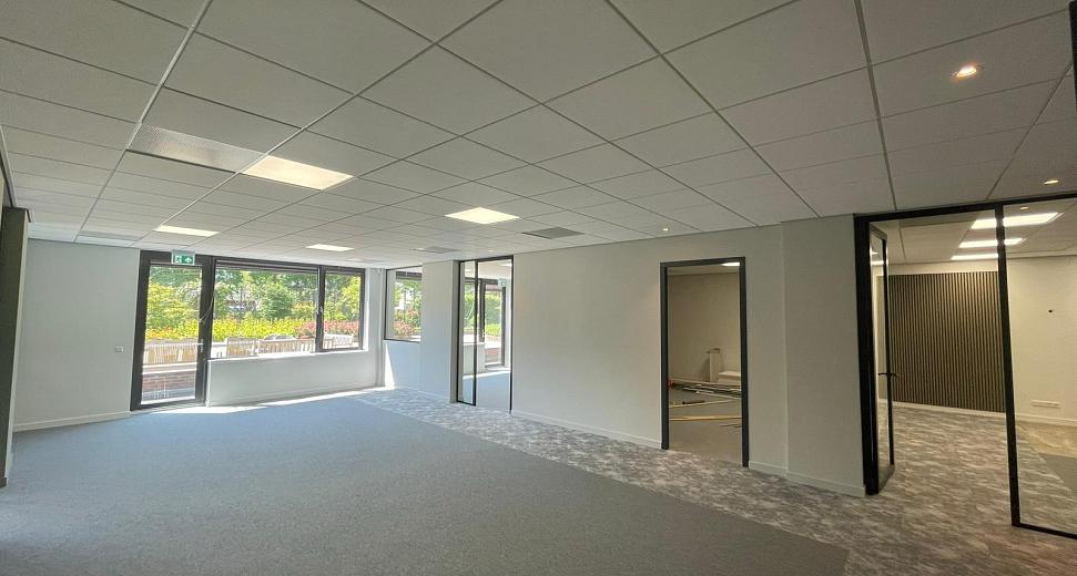Modern kantoorinterieur met grijze vloerbedekking, grote ramen die zorgen voor veel natuurlijk licht, glazen wanden en een lichte, minimalistische uitstraling.