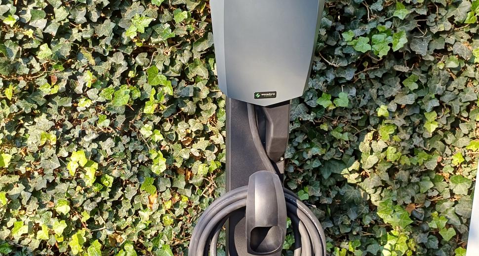 Donkergrijze elektrische laadpaal met opgerolde laadkabel, geplaatst tegen een achtergrond van groene klimop en stenen bestrating.