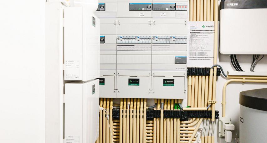 Overzicht van een technische ruimte met elektrische verdeelkasten, netjes georganiseerde kabels en aangesloten apparatuur voor energie- en klimaatbeheersing.