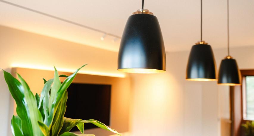 Zwarte hanglampen boven een marmeren keukeneiland, met op de voorgrond een groene kamerplant en op de achtergrond een moderne woonkamer.